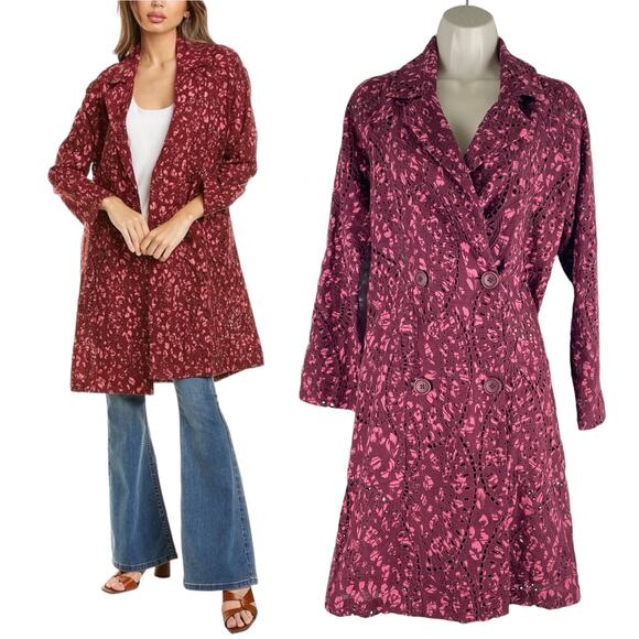 Johnny Was Zaragoza Linen Lace Double Breasted Trench Coat Red Size S - Picture 3 of 12